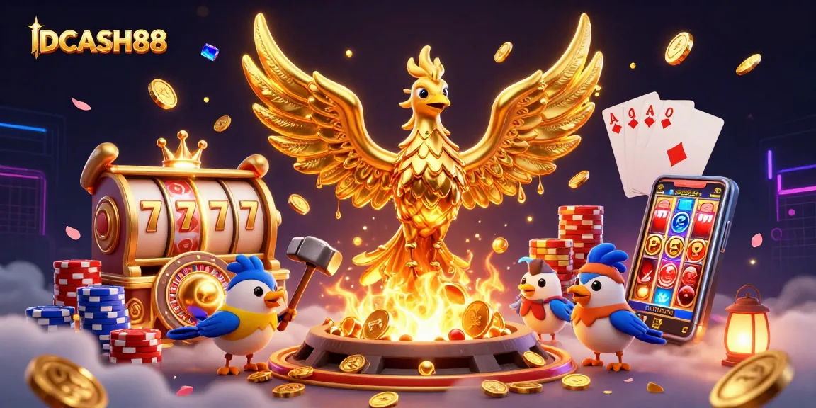 Play and win big on IDCASH88 with a stunning 3D phoenix and immersive casino elements.