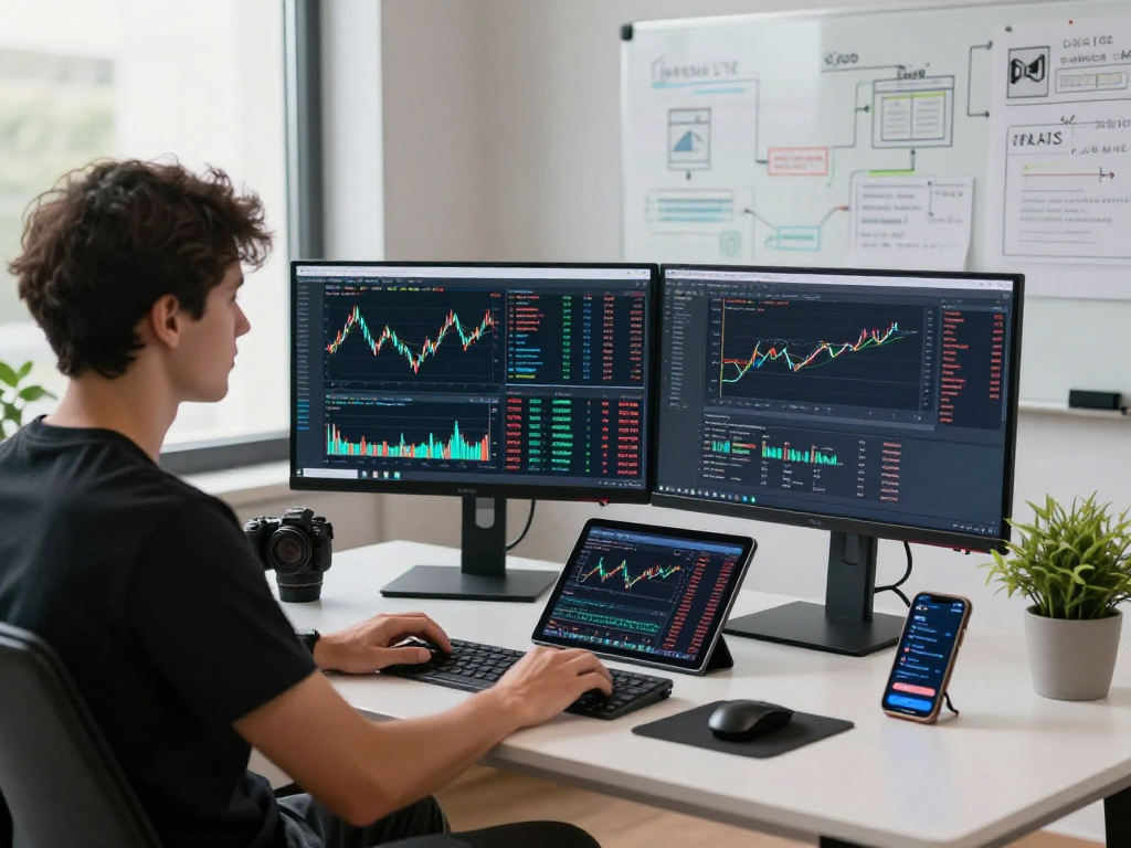 Developer utilizing multi-currency pair API in a modern financial workspace, analyzing forex market data on multiple screens.