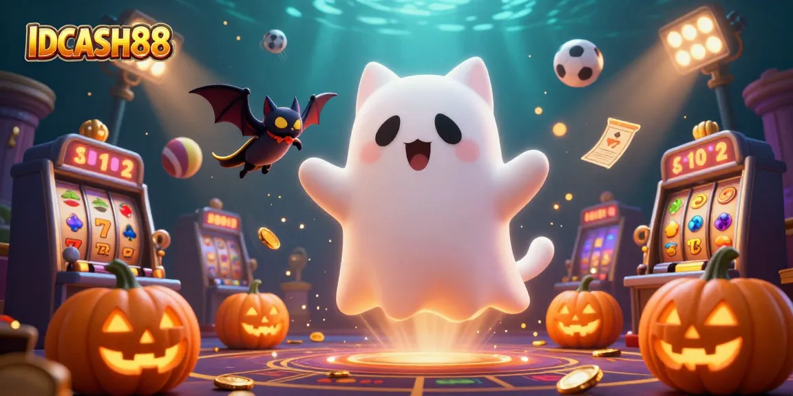 Experience IDCASH88 in a vibrant haunted casino with glowing creatures, sports elements, and winning symbols!