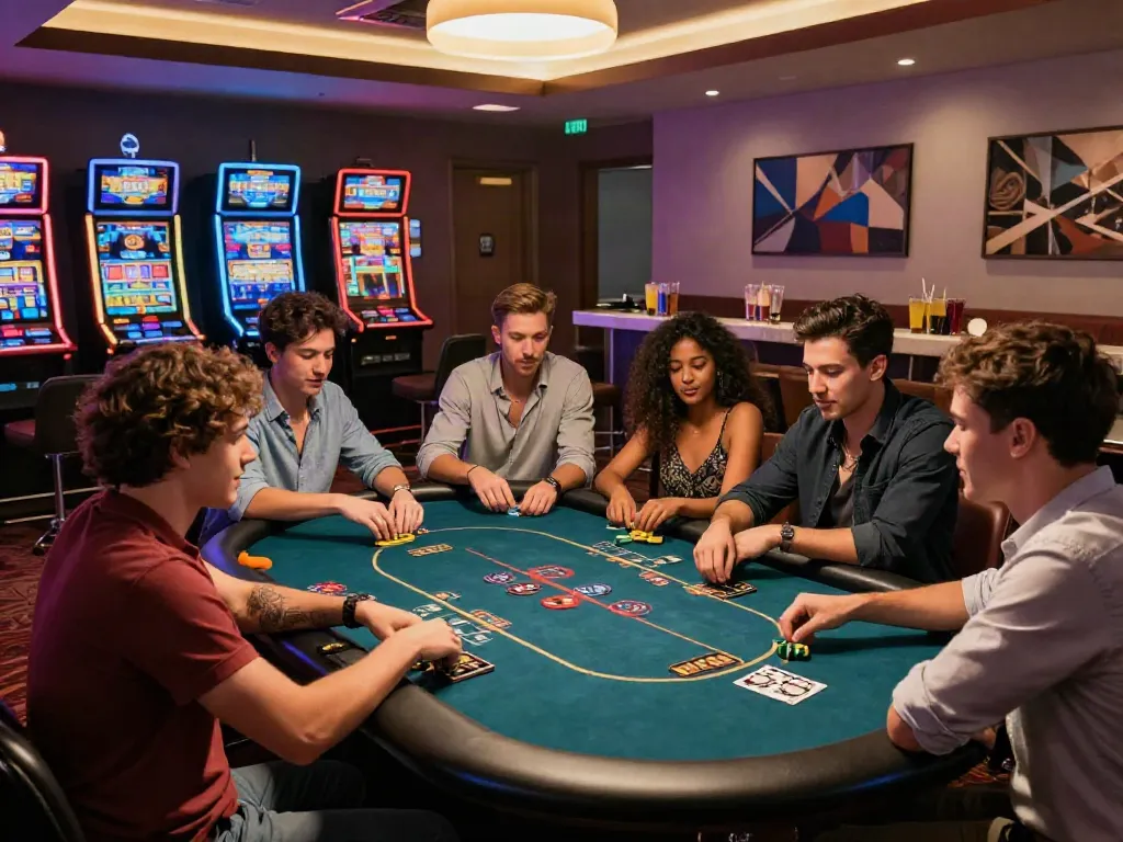 Friends enjoying a Casino Gratuit sans depot game at a modern poker table surrounded by vibrant slot machines.