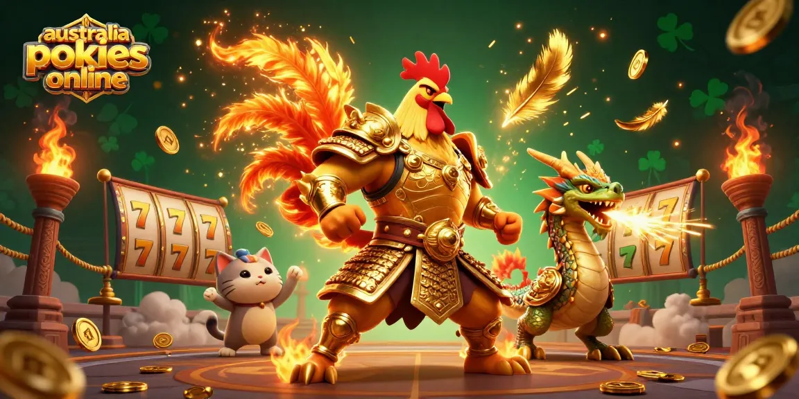 Engage with australia pokies online featuring a powerful rooster warrior and dragon in a vibrant casino scene.