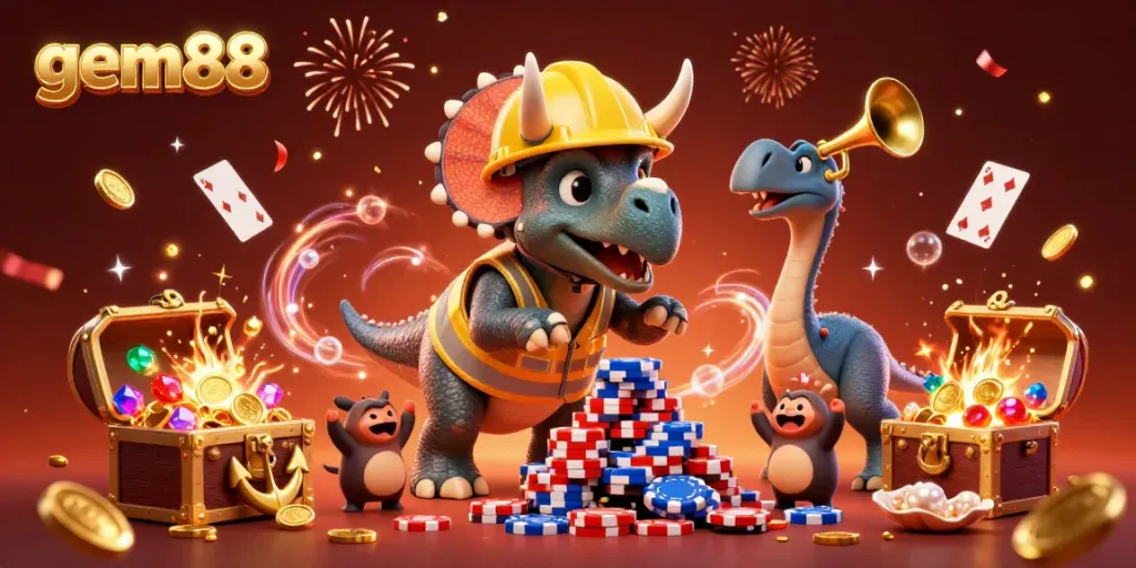 Experience the excitement of gem88 with vibrant 3D characters celebrating casino wins amidst dynamic gaming elements.
