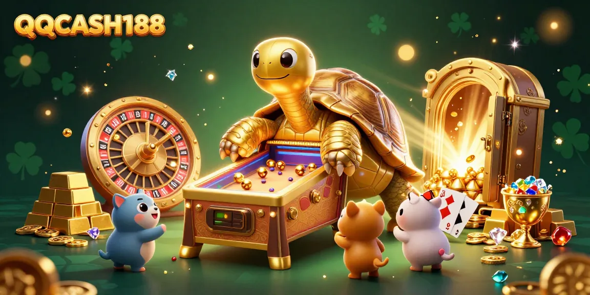 Spin to win at QQCASH188 with a vibrant casino adventure featuring a golden tortoise!
