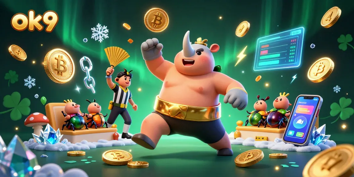 Experience vibrant action at ok9 with a dynamic sumo beetle stomping coins in a lively casino scene.