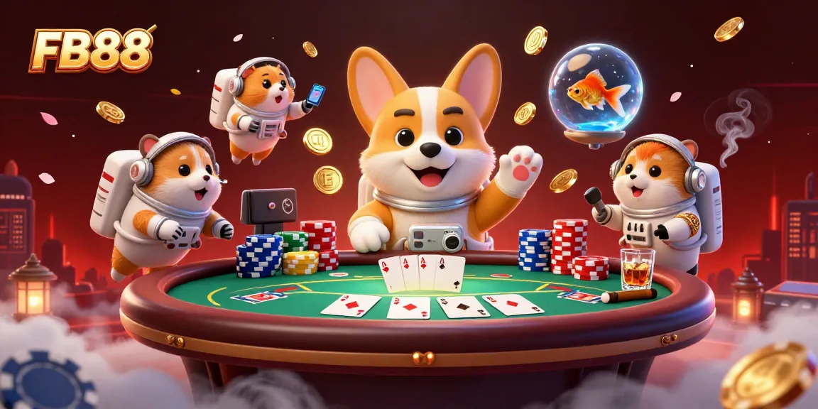 Experience thrilling action at FB88's space casino with floating poker chips and a dynamic atmosphere.