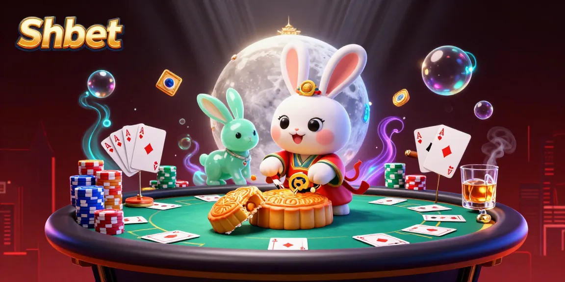 Experience thrilling gameplay with Shbet, as the moon rabbit reveals poker chips in a vibrant casino scene.