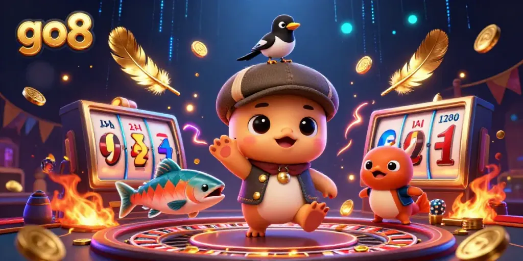 Experience thrilling gameplay with go8 as a playful Nessie and magpie engage in a vibrant casino scene.