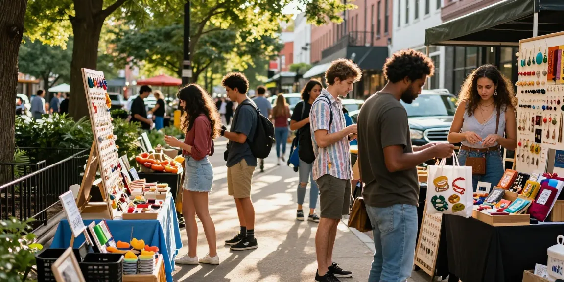 Exploring local shops in Seoul, featuring vibrant colors and diverse friends shopping at unique boutiques while enjoying fresh produce.