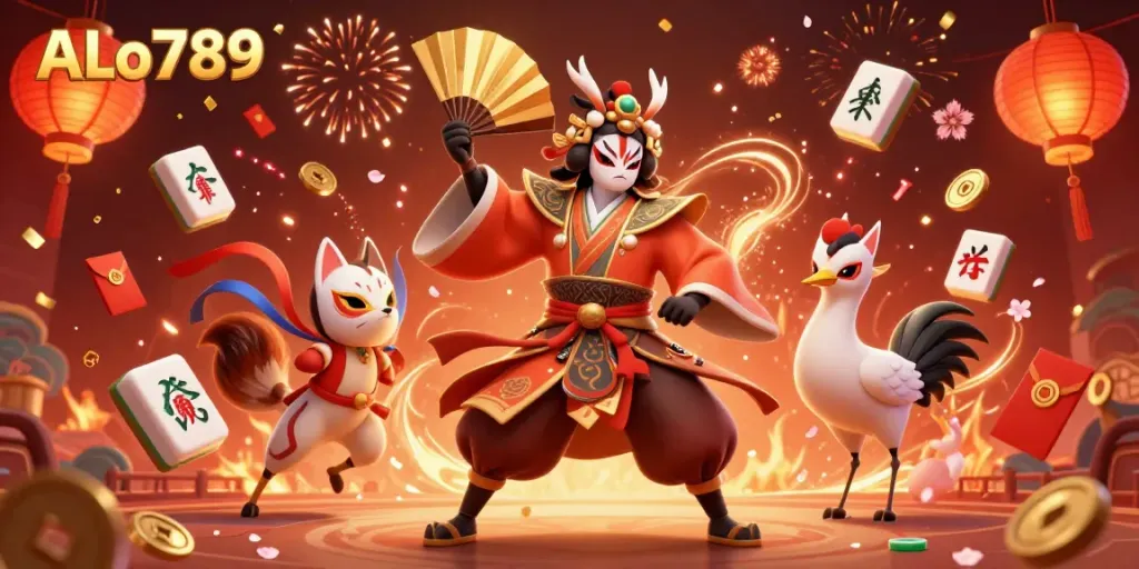 Experience the excitement of ALo789's online cockfighting arena with vibrant characters and festive elements.