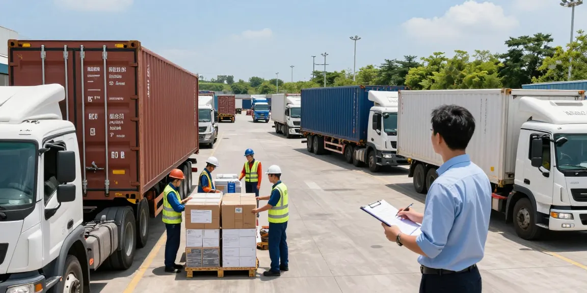 Transporte Dortmund: Effiziente Logistikabläufe in transportierendem Hub mit Lkw und Managern.