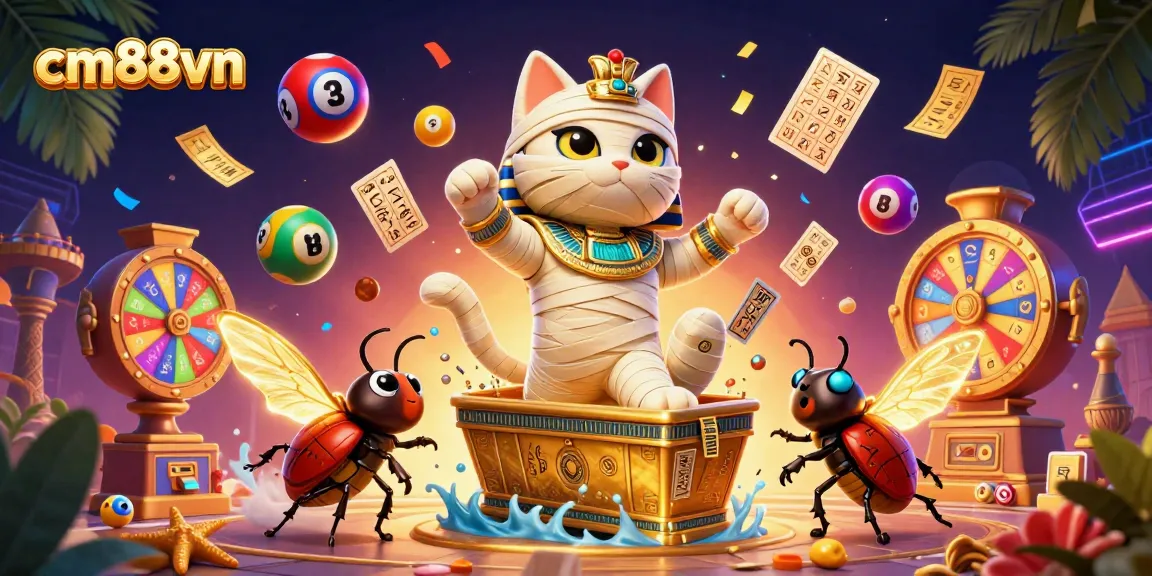 Join the excitement with cm88vn as the Egyptian mummy cat reveals treasures in a dynamic casino scene.