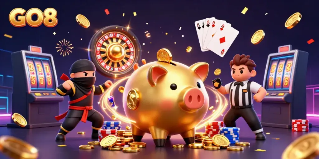 Watch as the GO8 piggy bank sumo wrestler stomps out coins in a vibrant casino scene.