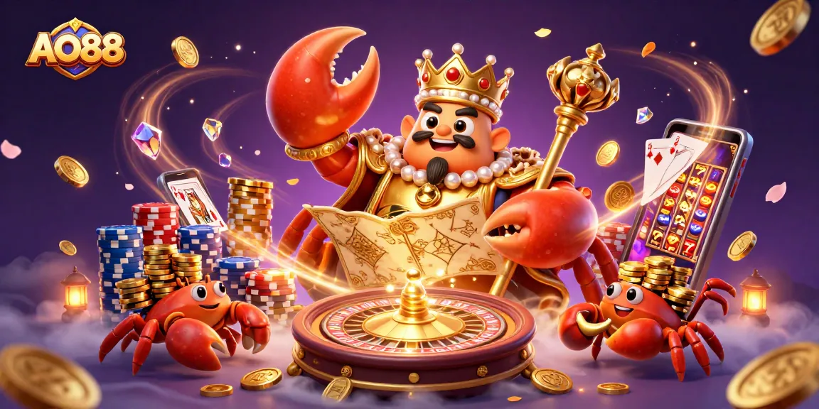 Experience the excitement of AO88 with a vibrant casino scene featuring a golden crab emperor.