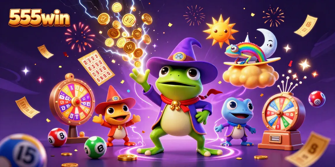 Experience the excitement of 555win with colorful lottery games, vibrant characters, and golden rewards raining down.