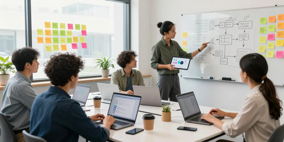 Build internal tools with AI team collaborating on innovative projects in a bright workspace