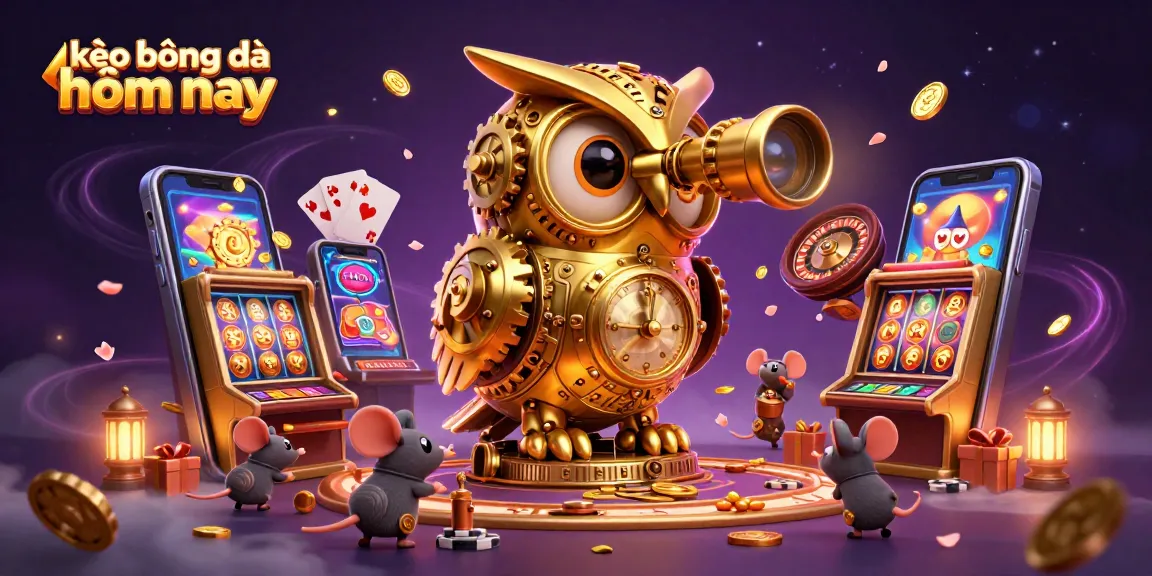 Engage with kèo bóng đá hôm nay through this vibrant 3D cartoon scene featuring a mechanical owl, casino elements, and playful mice.