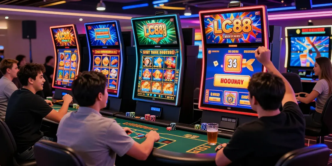 Excited players enjoying diverse games at LC88 online casino platform with colorful graphics and vibrant atmosphere.