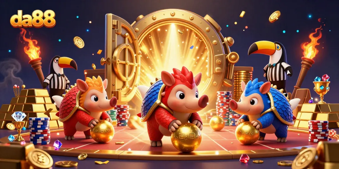 Engage with da88's thrilling casino experience as pangolins play through gold and chips.