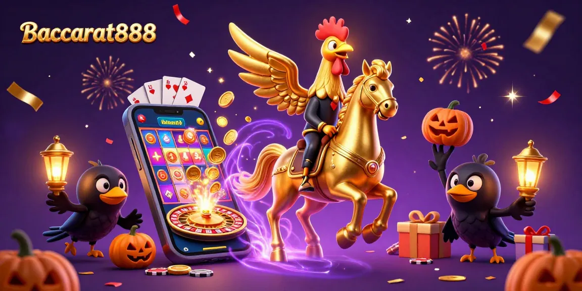 Baccarat888 offers thrilling gaming experiences with a golden rooster and friends in a lively casino scene.