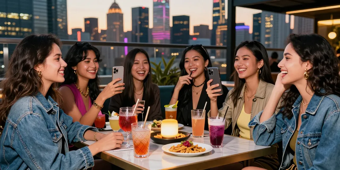 Gái gọi tận hưởng bầu không khí sôi động tại quán bar trên cao, thành phố lấp lánh