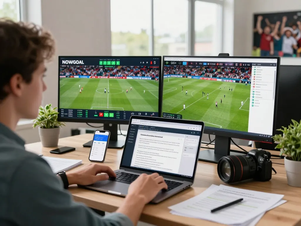Enthusiastic football fan using NOWGOAL for live scores and match analytics.
