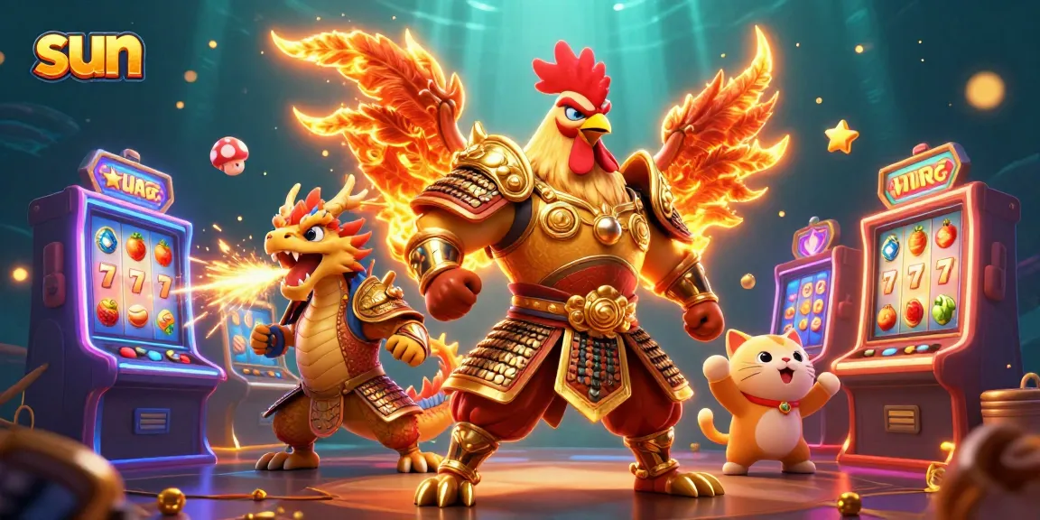 Engage with the sun at a vibrant casino as a rooster warrior and dragon hatchling enhance your gaming adventure.