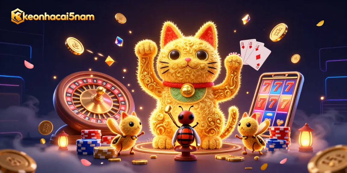 Engage with keonhacai5nam's vibrant illustration showcasing a lucky cat formed by fireflies amid dynamic casino symbols.