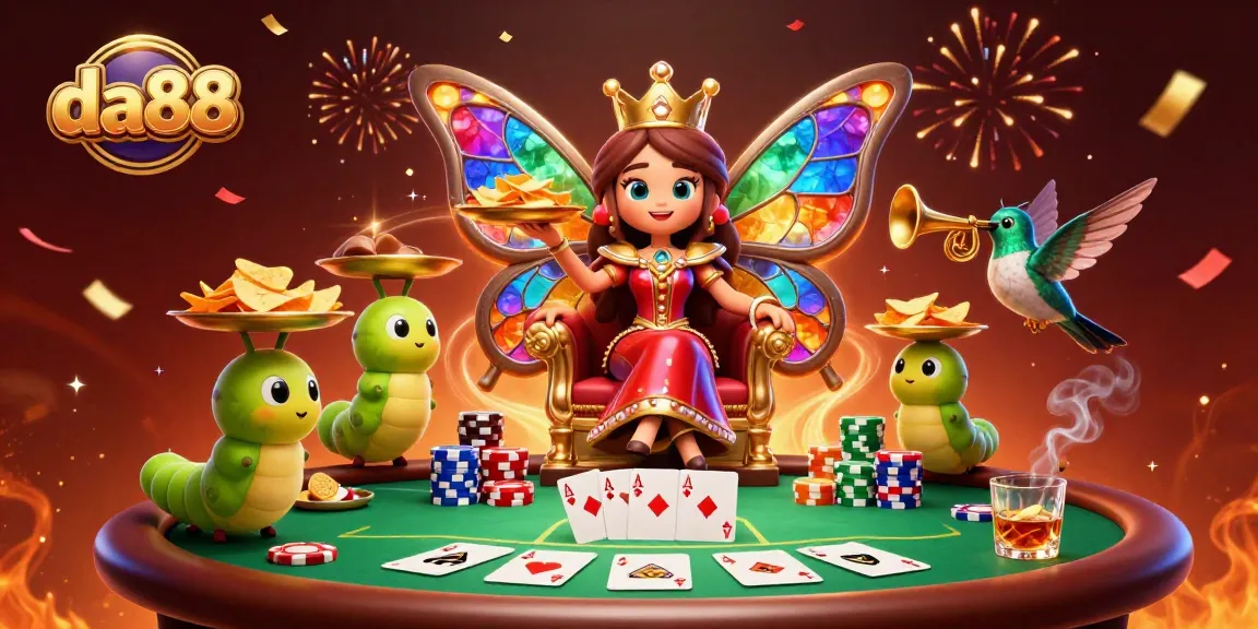 da88 showcases exciting poker elements with a butterfly queen and vibrant casino atmosphere.