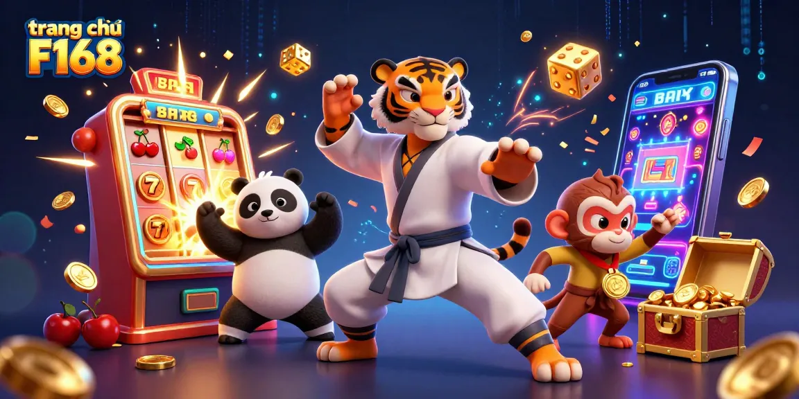 Experience thrilling action at trang chủ F168 with a kung fu tiger and panda surrounded by golden treasures.