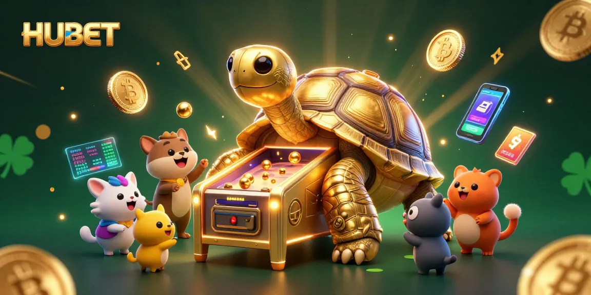 Engage with HUBET's vibrant gaming scene featuring a golden tortoise pinball machine and crypto elements.