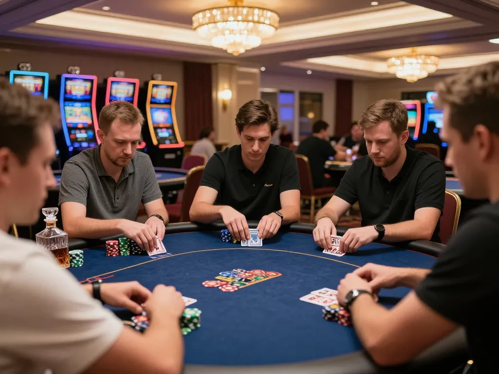 Players engaged in an intense poker game at 789, showcasing strategic gambling at a luxurious casino.