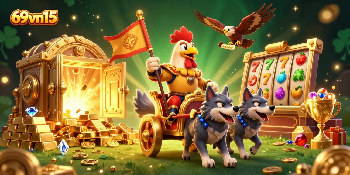Engage in thrilling gameplay at 69vn15 with a vibrant scene of diverse slot symbols and rich treasures.