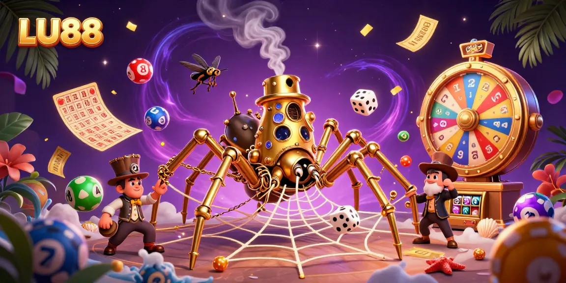 Experience thrilling gameplay with LU88, where a steampunk spider catches dice in a vibrant casino web.