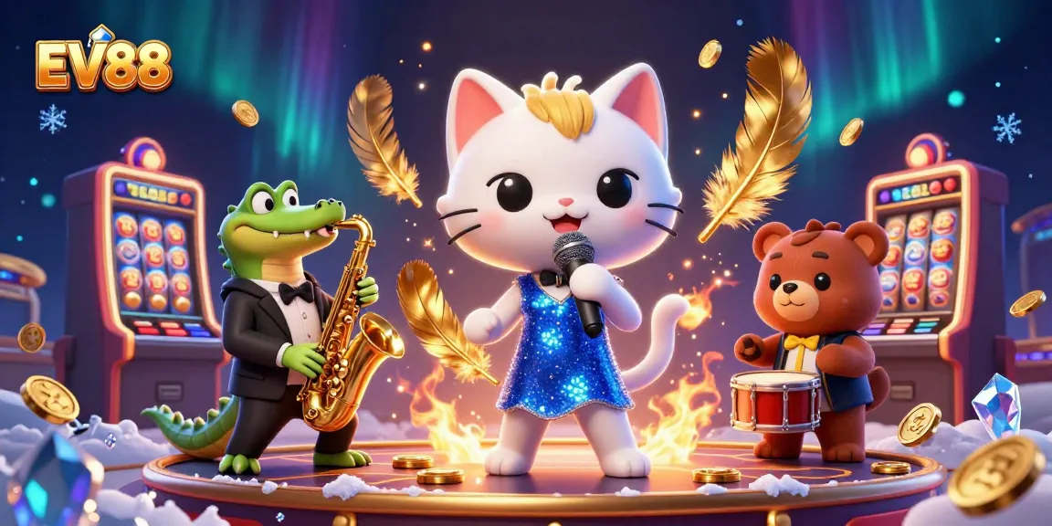 Experience the excitement of EV88 with vibrant casino characters on stage amidst dazzling game elements.
