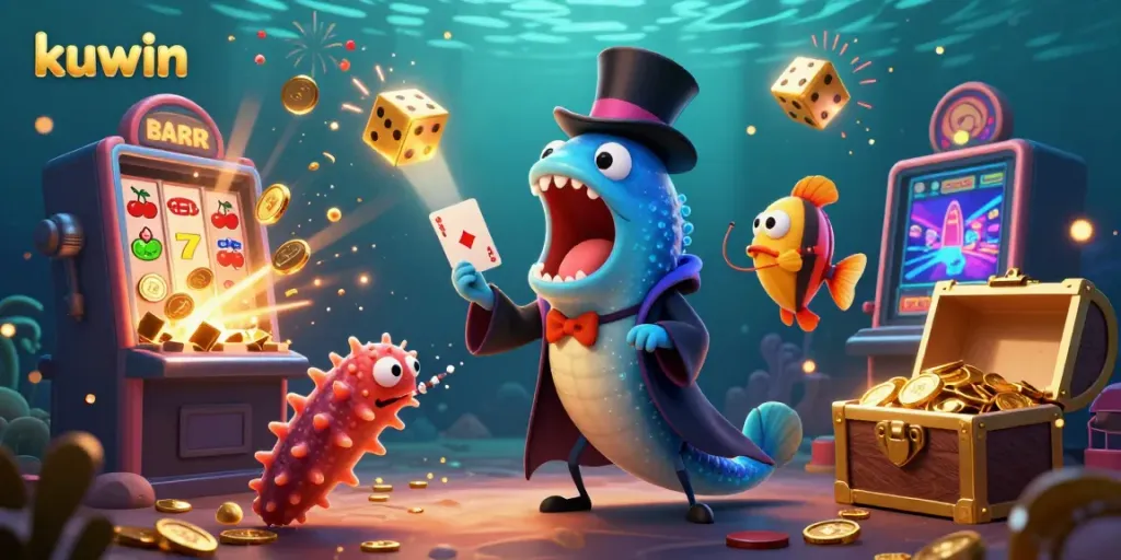 Kuwin showcases thrilling underwater casino magic with a gulper eel and friends performing card tricks amidst slot machine surprises.