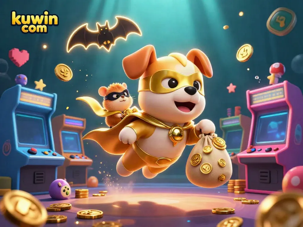Engage with kuwin com's thrilling adventure as the superhero dog flies past vibrant casino elements.