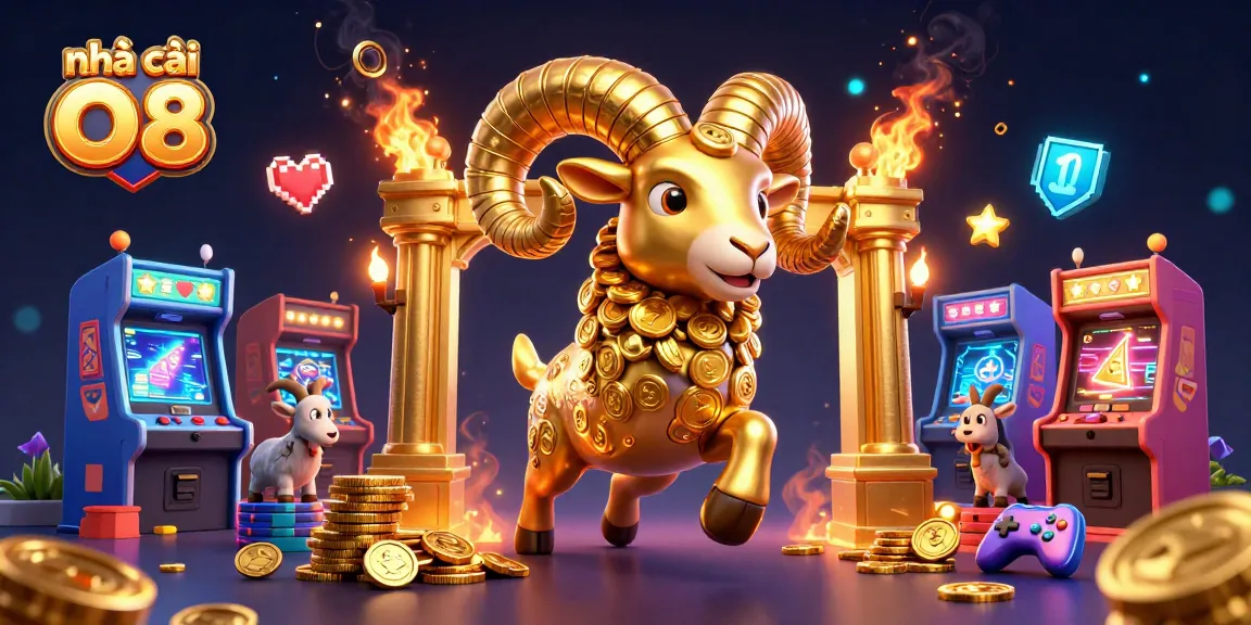 Experience the thrill at nhà cái O8 with vibrant 3D casino elements and a dynamic golden ram.