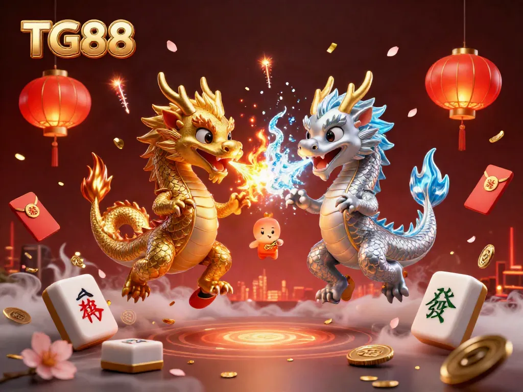 Engage in thrilling gameplay with TG88 as golden and silver dragons intertwine, surrounded by vibrant casino elements.