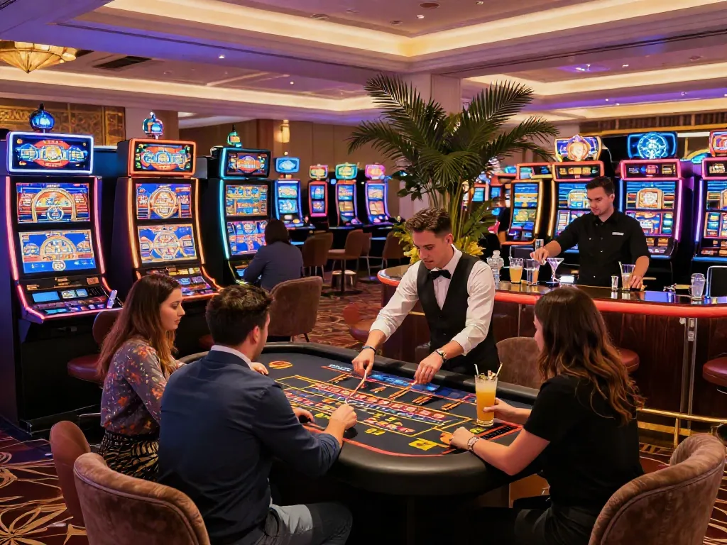 Exciting casino sans depot atmosphere featuring players at roulette and vibrant slot machines in a luxurious setting.