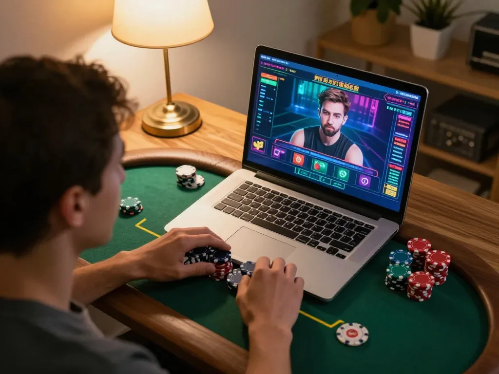Player enjoying a live poker game on XX88, showcasing modern online gaming setup