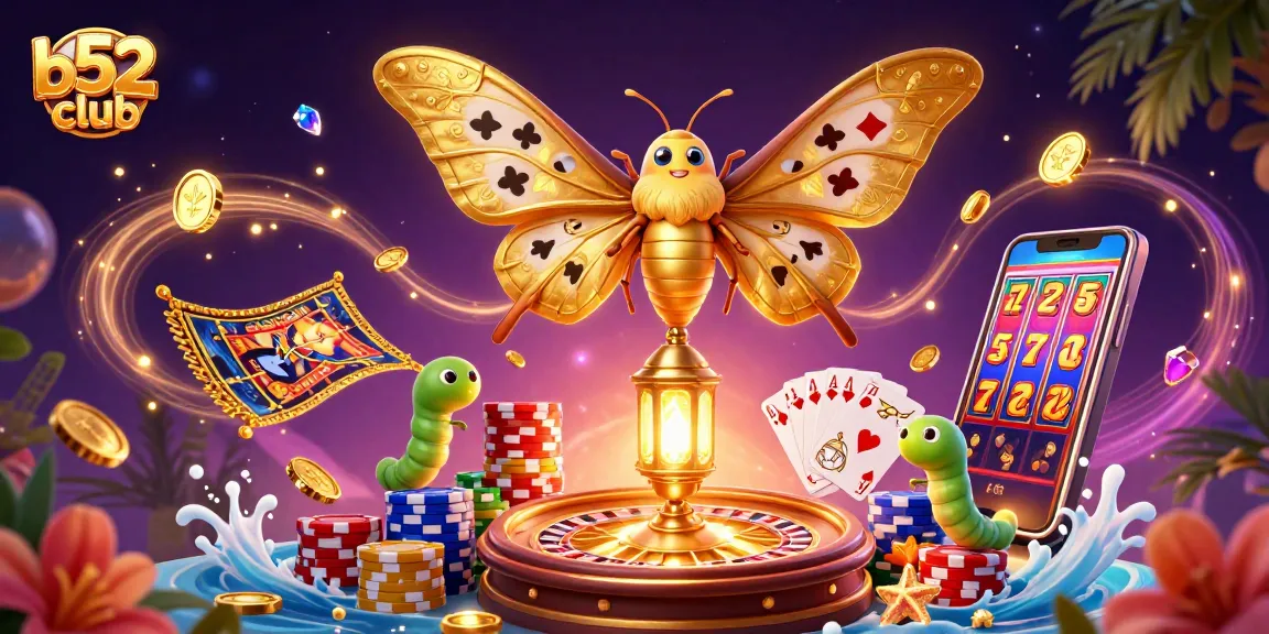 Win big at b52club with a 3D illustration showcasing vibrant casino elements and games.