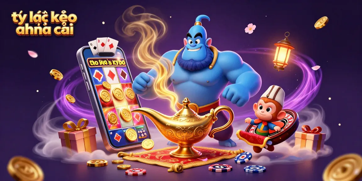 Engage with tỷ lệ kèo nhà cái in this dynamic casino scene featuring a blue genie and gaming elements.