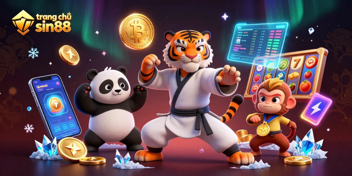 Engage with the exciting world of trang chủ sin88 featuring a kung fu tiger, a panda, and a mischievous monkey in a vibrant casino-themed scene.