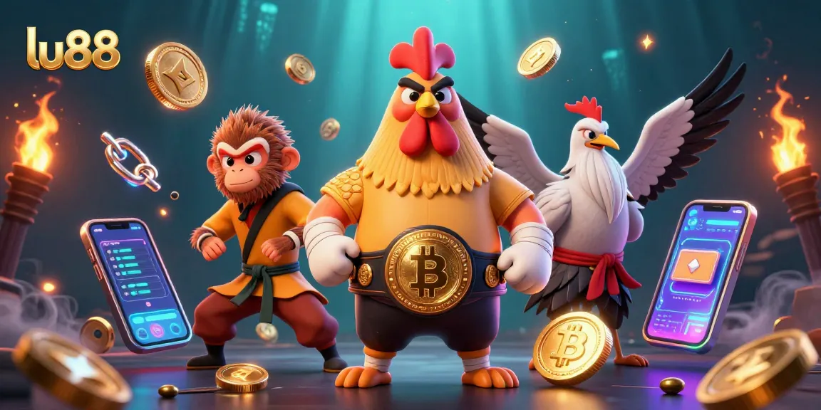 Experience thrilling wins at lu88 with vibrant casino characters and crypto elements.