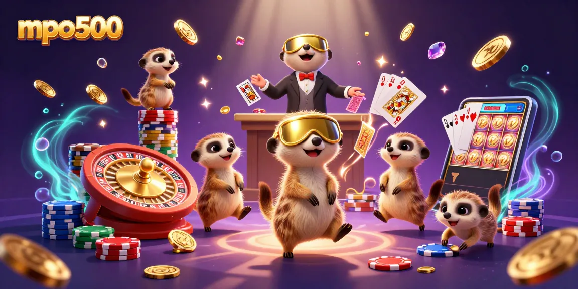 Experience the excitement of mpo500 with a lively meerkat casino illustration showcasing dynamic gaming elements.