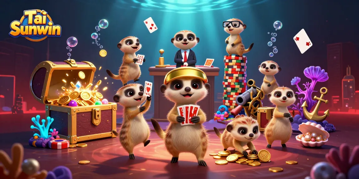 Tải Sunwin with meerkats in a vibrant casino scene, showcasing card games and treasure elements