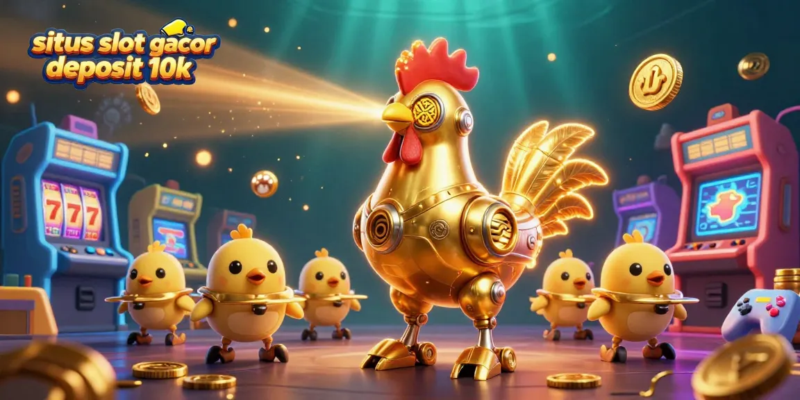 Engage in gaming action with the colorful scene depicting situs slot gacor deposit 10k featuring a golden rooster robot and arcade elements.