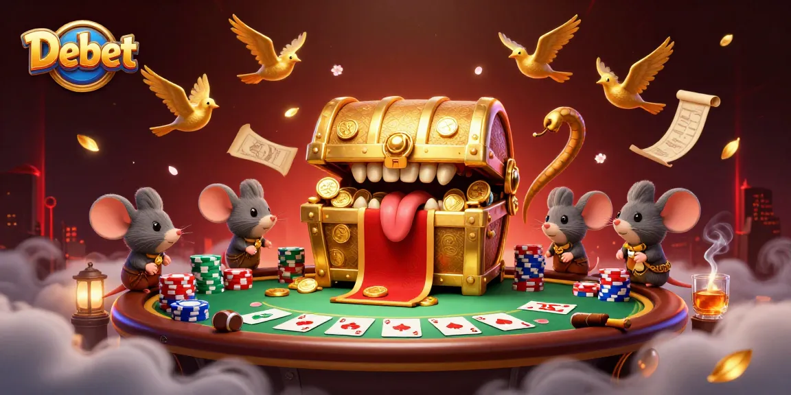 Debet highlights fortune with a treasure chest, poker elements, and adventurer mice.