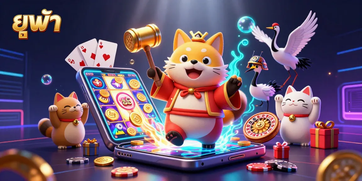 Playing with ยูฟ่า, cheerful characters in a vibrant casino scene with 3D slots and sparkling actions.