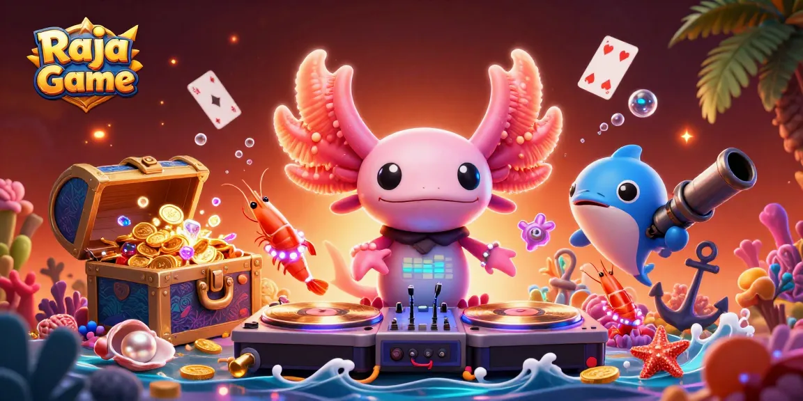 Engage with Raja Game's vibrant underwater gaming scene featuring an axolotl DJ and treasure-filled elements.